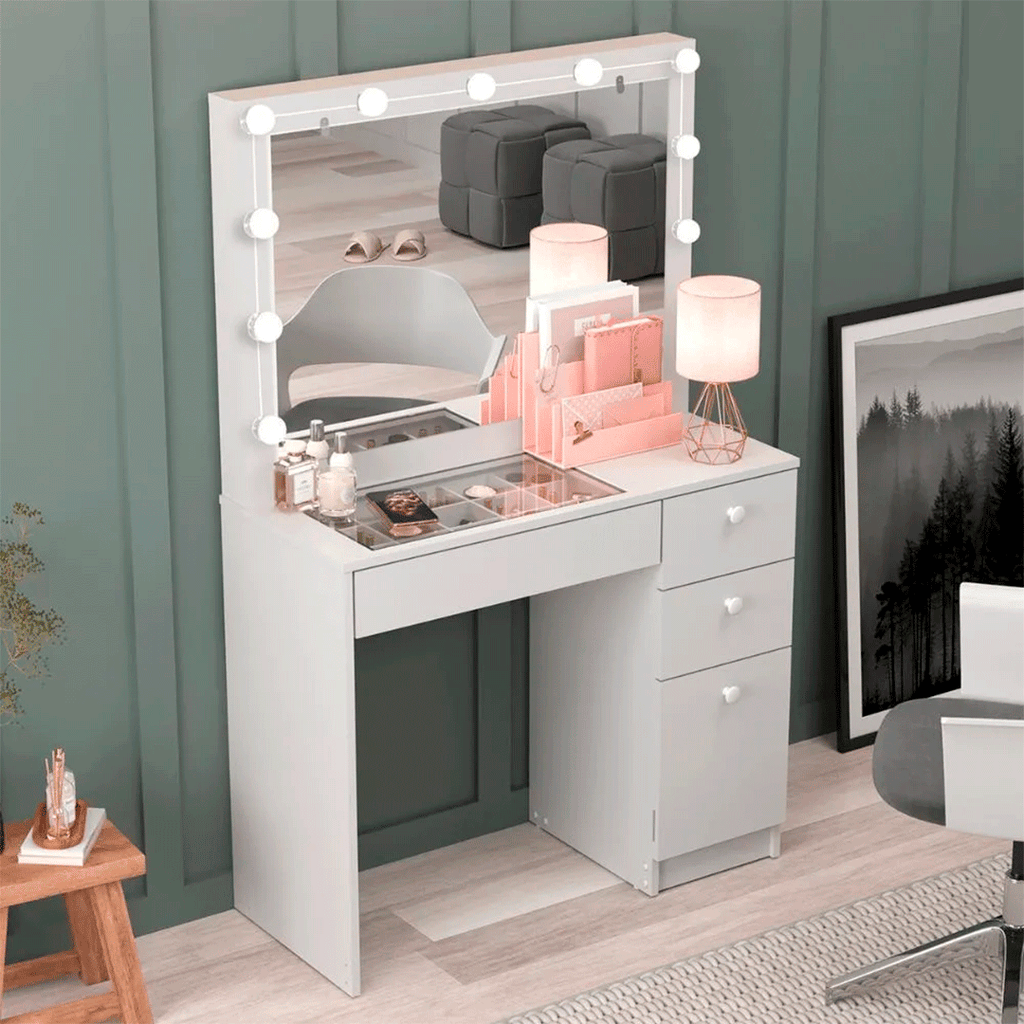 Tocador con Tapa de Vidrio + Kit de Luces PE-120 Cozy Blanco DE REGALO