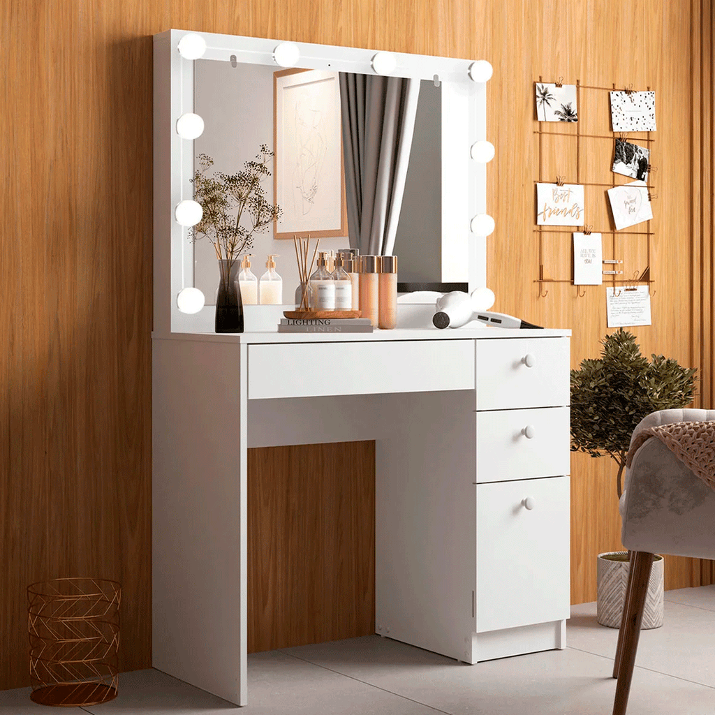 Tocador con Tapa de Vidrio + Kit de Luces PE-120 Cozy Blanco DE REGALO