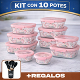 Kit de 10 Frascos Herméticos de Vidrio Templado Premium con Tapa Sellada y Traba de Seguridad + ¡Kit de Utensilios GRATIS!