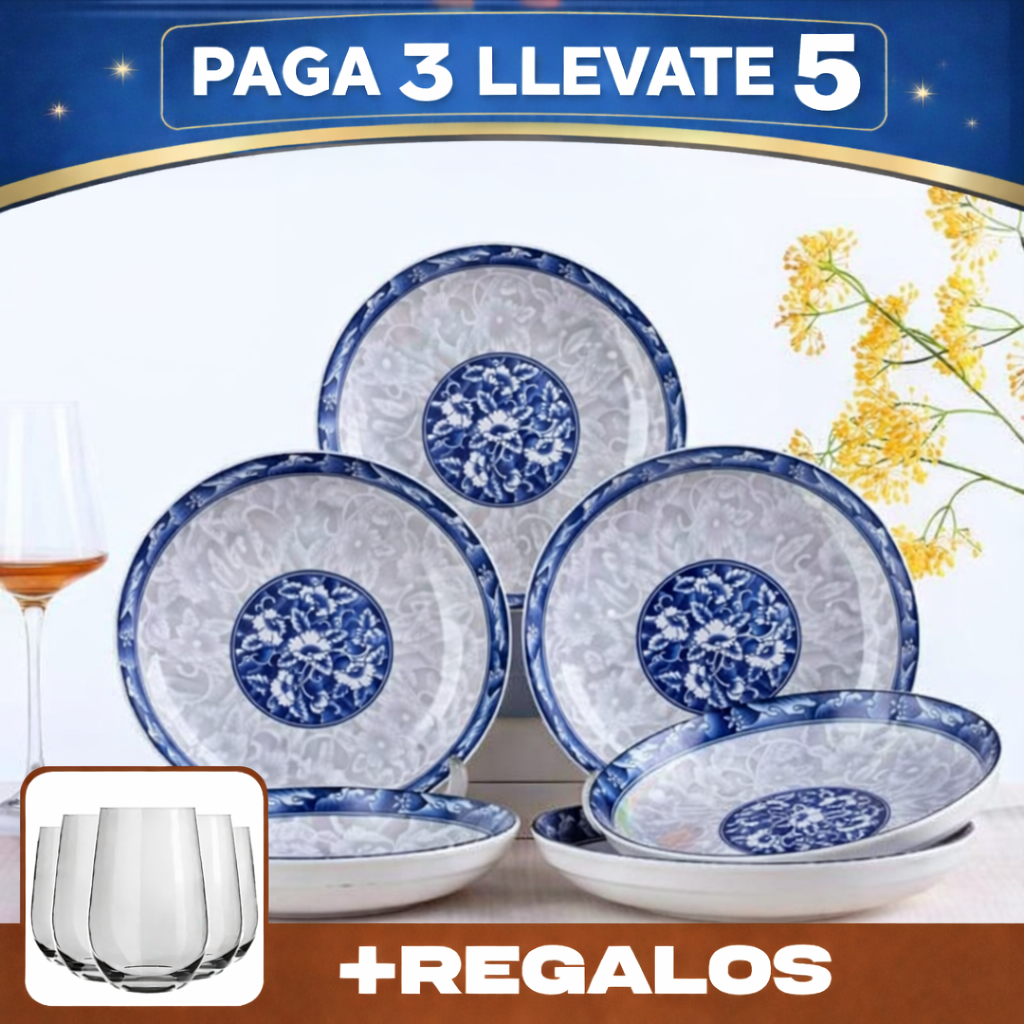 ¡Imperdible! 5 Platos de Cerámica Estilo Retro – Pagá 3 y Llevate 5 + 5 Vasos de Vidrio Gratis