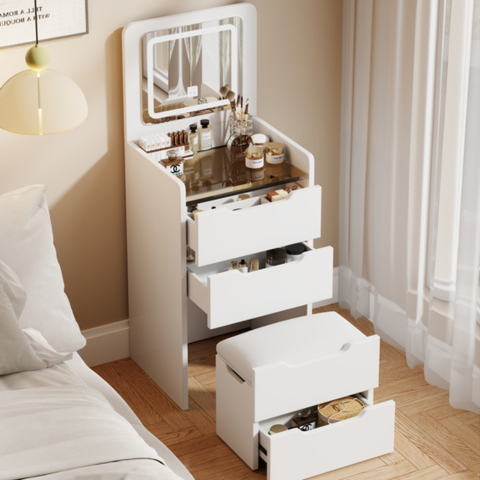 [Llevá 2 Pagá 1] Organizador Multifuncional de 2 Niveles con Espejo LED y Banquito Baúl