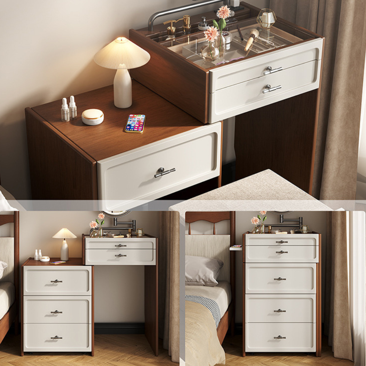 Promo 2x1: Mesita de Dormitorio Organizadora en Madera con 4 Cajones y Diseño Inteligente